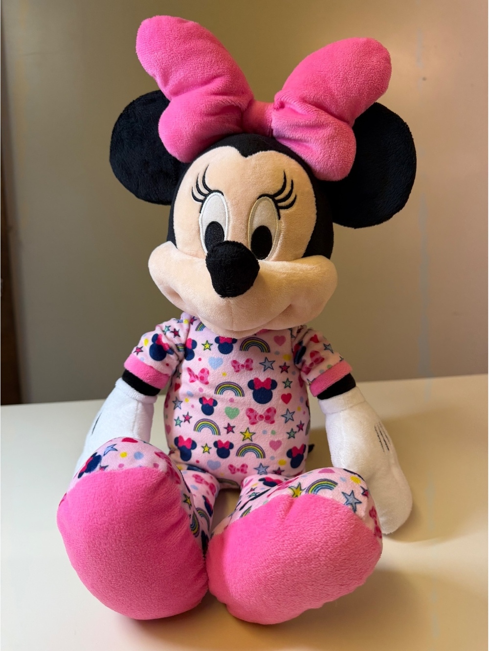 Disney Minnie Mouse Plush Doll with Pink Bow and Colorful Pajamas